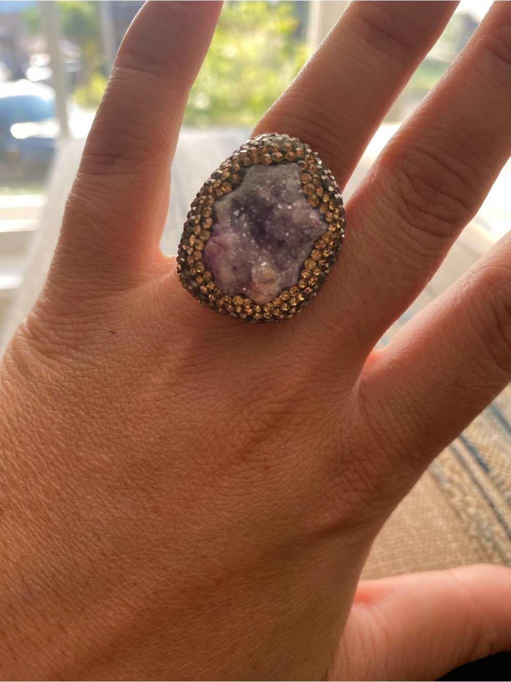 Amethyst, Crystal and Sterling Silver Statement Ring